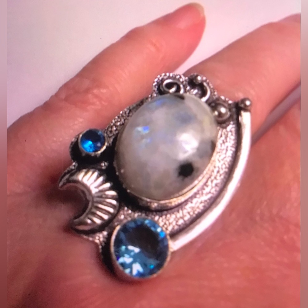 Rainbow Moonstone Blue Topaz Stamped 925 Sterling Silver Ring